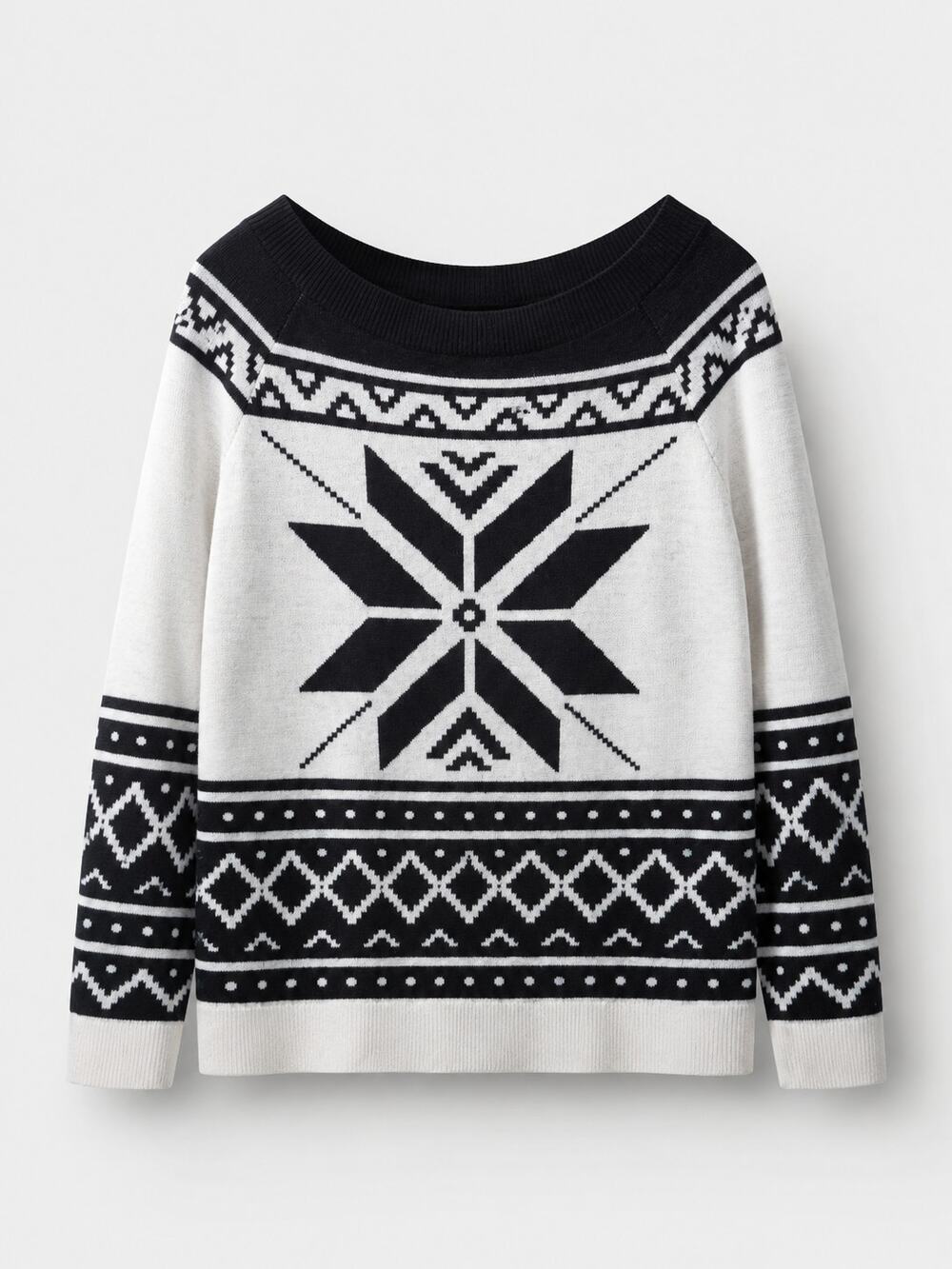 LOFT Fair Isle Snowflake Sweater Medium Wool Blend Navy Cream